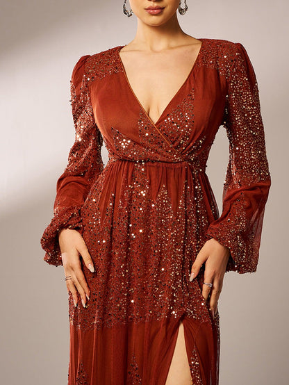 Sexy V-neck Slit Sequin Prom Dress