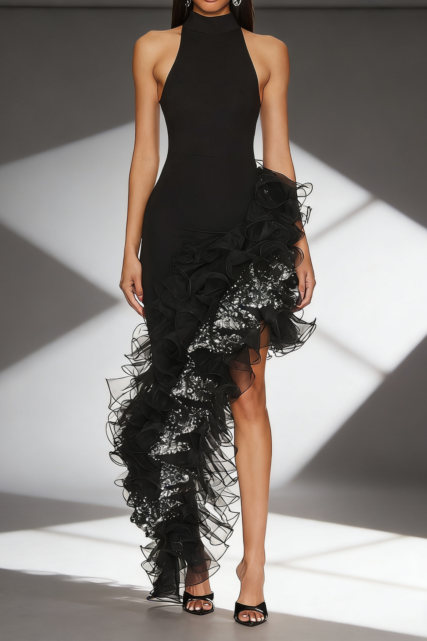 halter sleeveless Sequin Ruffle trim maxi dress in black