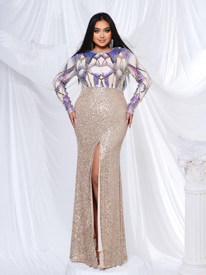 Plus Size Long Sleeve Split Maxi Dress
