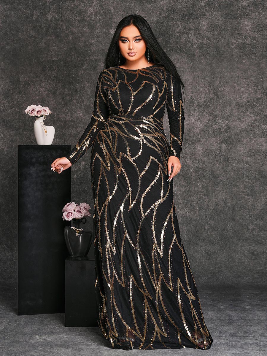 A-Line Long Sleeve Sequin Black Dress
