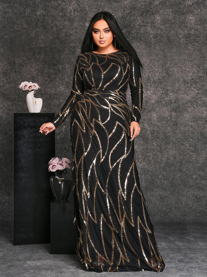 A-Line Long Sleeve Sequin Black Dress