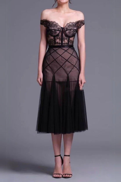 floral dentelle off-shoulder bustier corset net skirt set