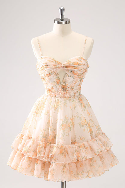 A Line Yellow Spaghetti Straps Floral Short Homecoming Dress