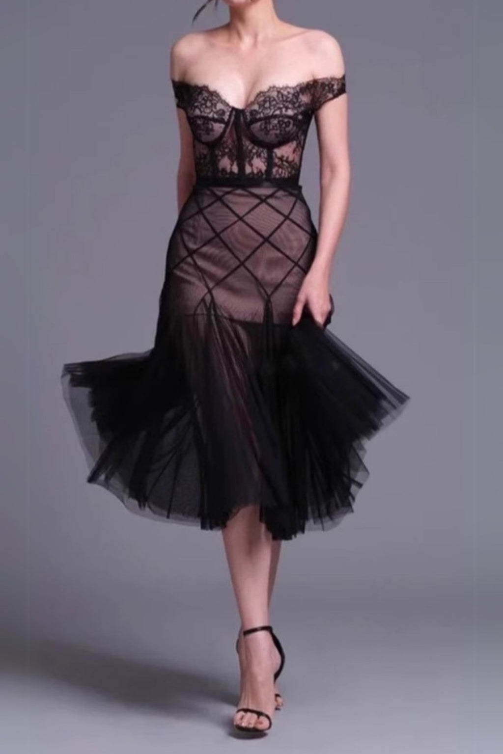floral dentelle off-shoulder bustier corset net skirt set
