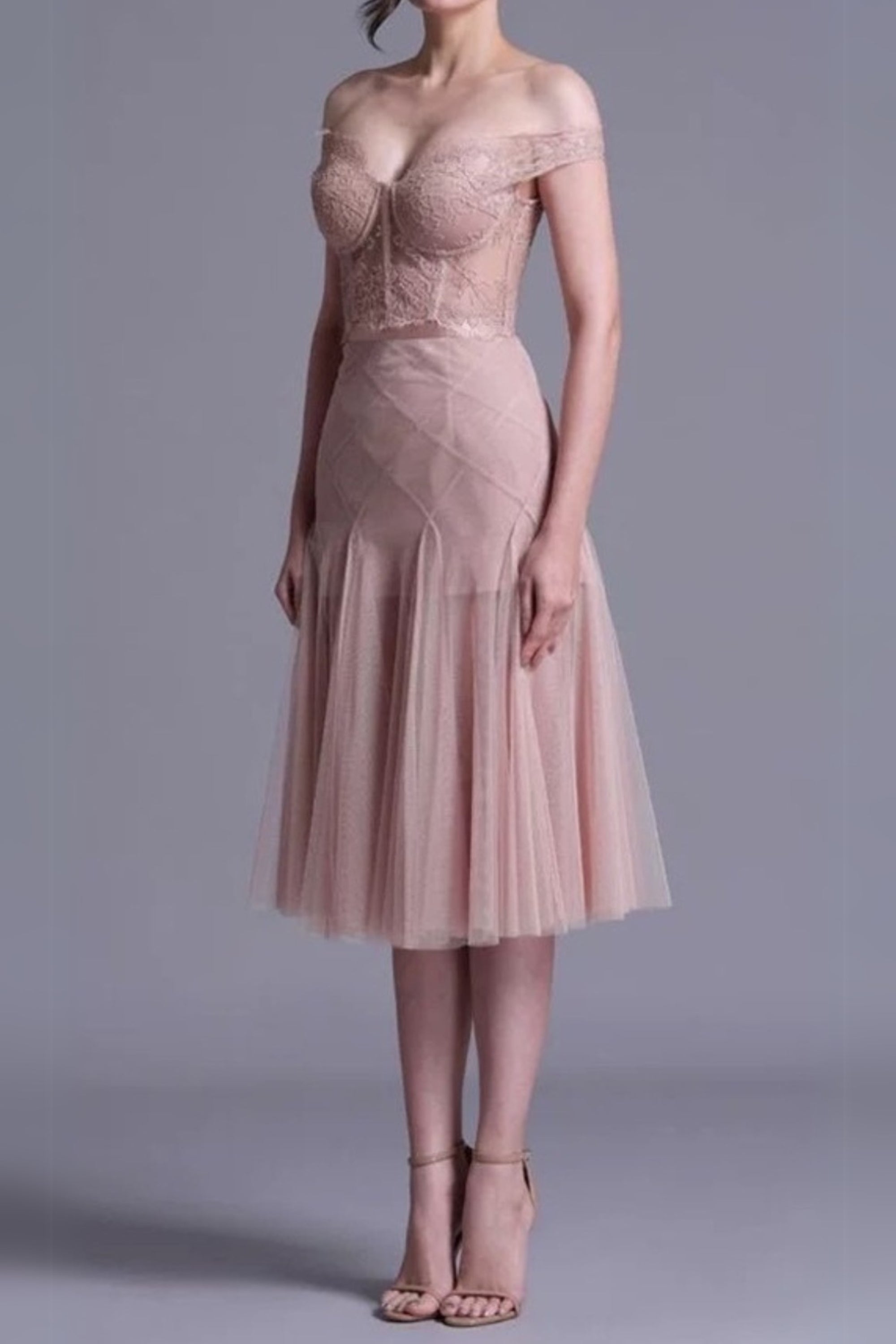 floral dentelle off-shoulder bustier corset net skirt set in pink