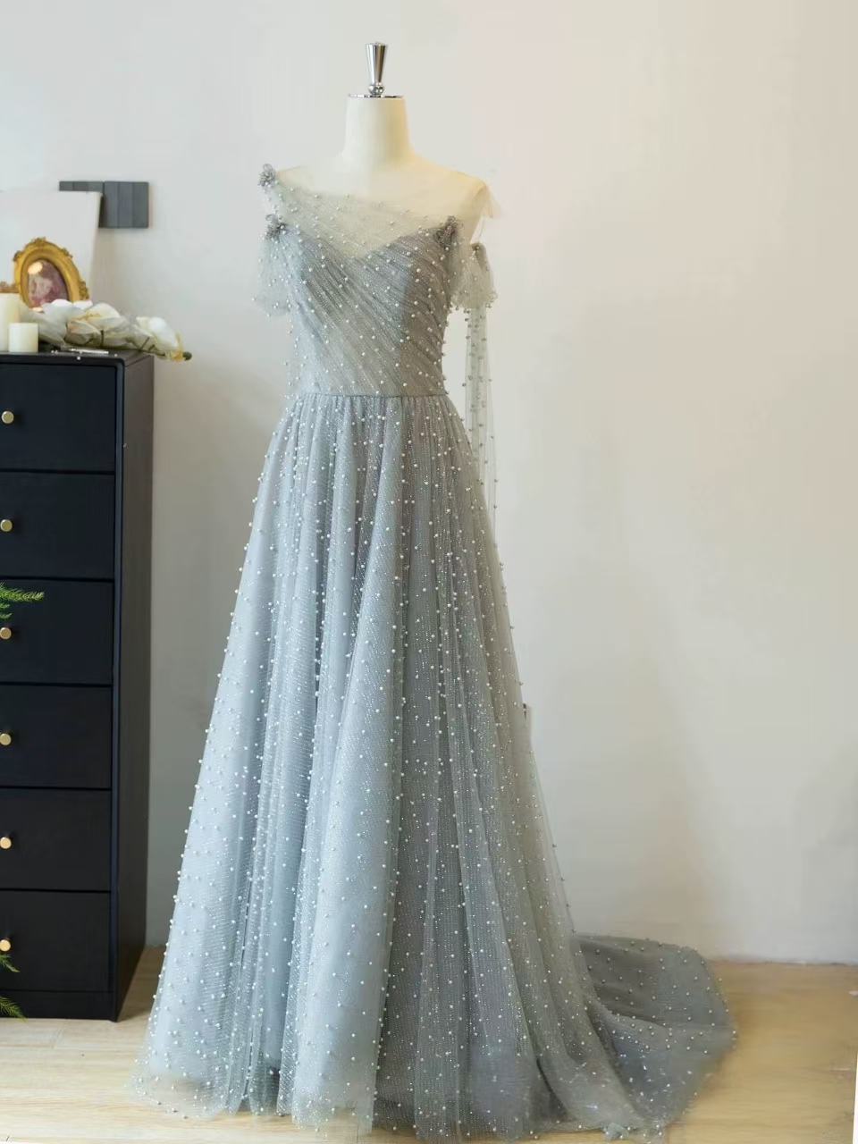Dusty Blue one-shoulder pearl maxi tulle evening dress