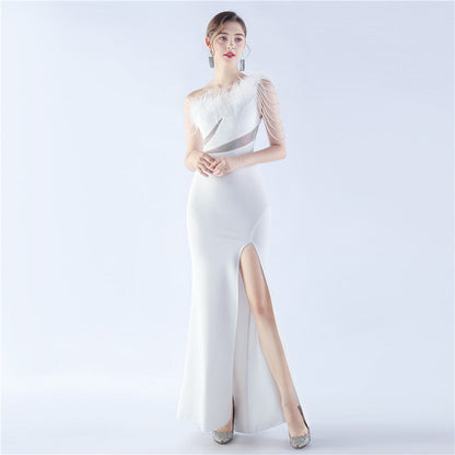 Fur Slant Neck One Shoulder Formal Dress