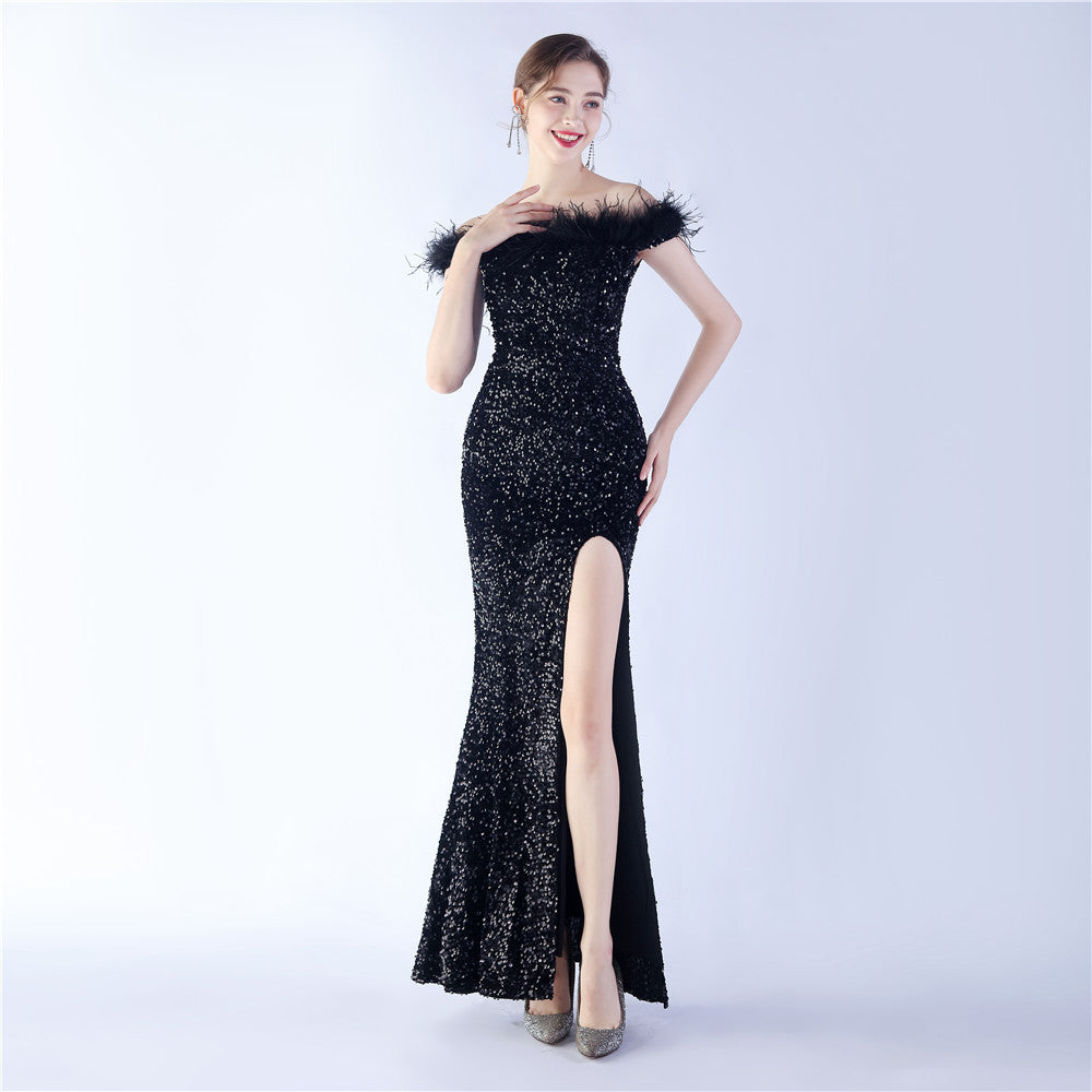 Fur One Shoulder Formal Dress