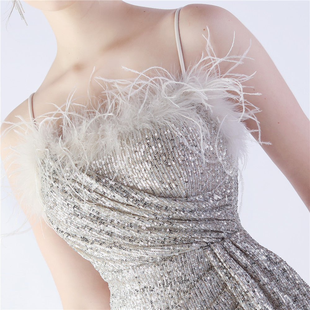 Ostrich Beaded Side Split Formal Dress