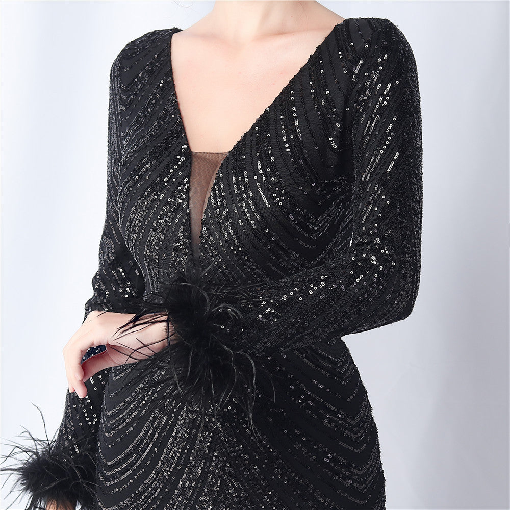 Ostrich Fur Long Sleeve Formal Dress