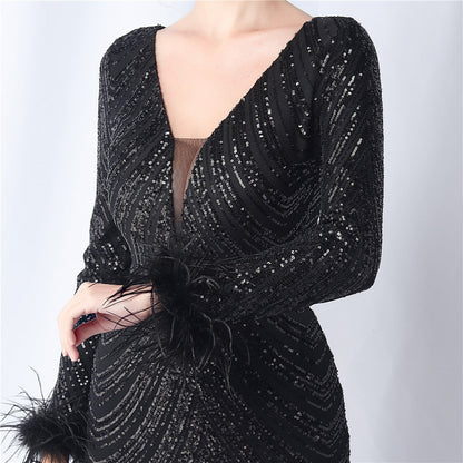 Ostrich Fur Long Sleeve Formal Dress