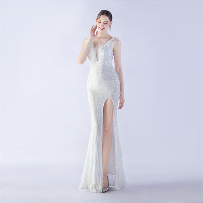 Camel Hair Side Split Formal Dress