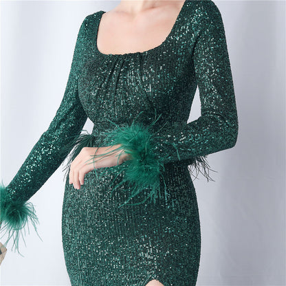 Ostrich Fur Long Sleeve Formal Dress