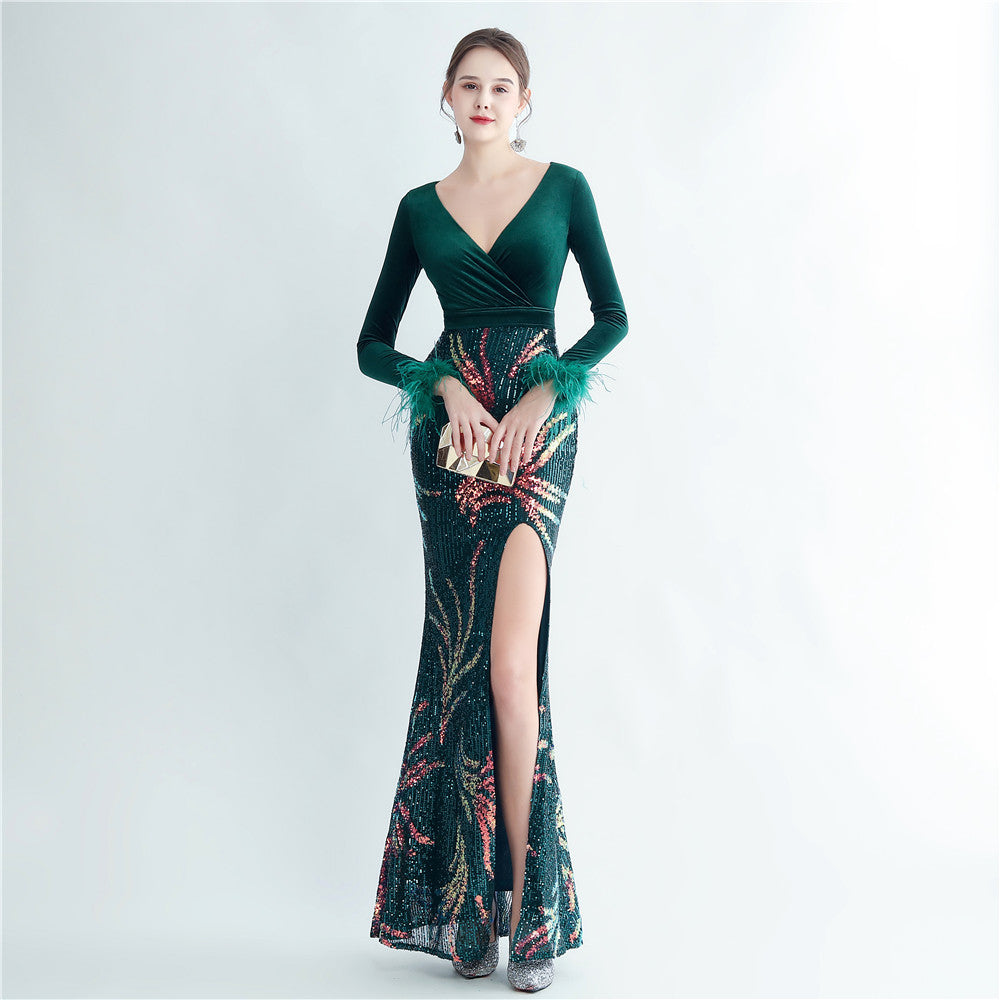 Ostrich Beaded Velvet Side Split Formal Dress