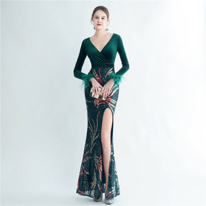 Ostrich Beaded Velvet Side Split Formal Dress