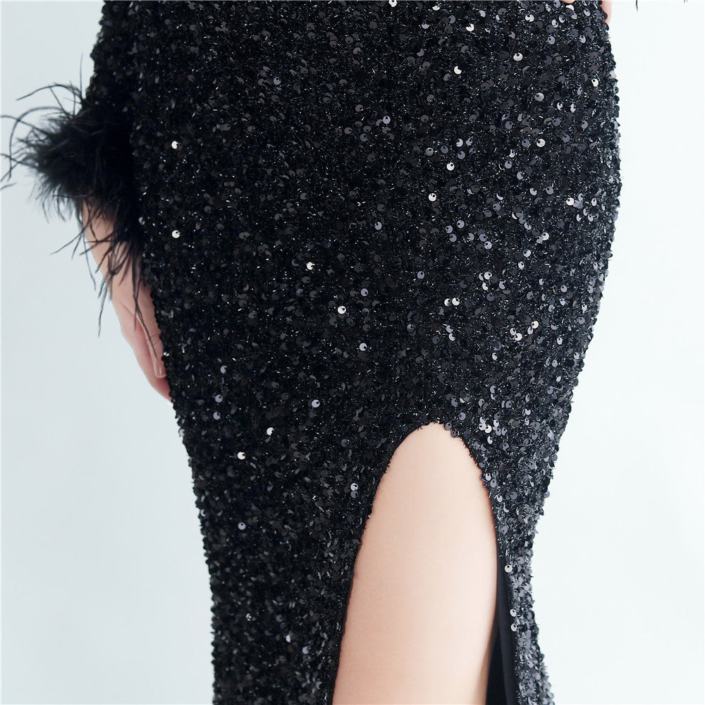 Split Long Sleeve Sequin Formal Dress