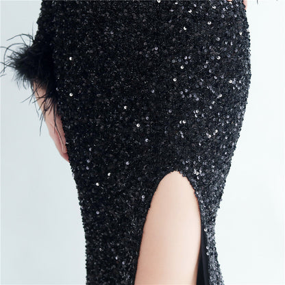 Split Long Sleeve Sequin Formal Dress