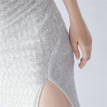 Fur Sequin One Shoulder Formal Dress