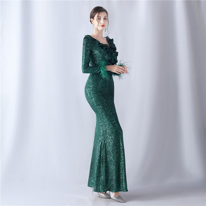 Ostrich Wave Beaded Formal Dress