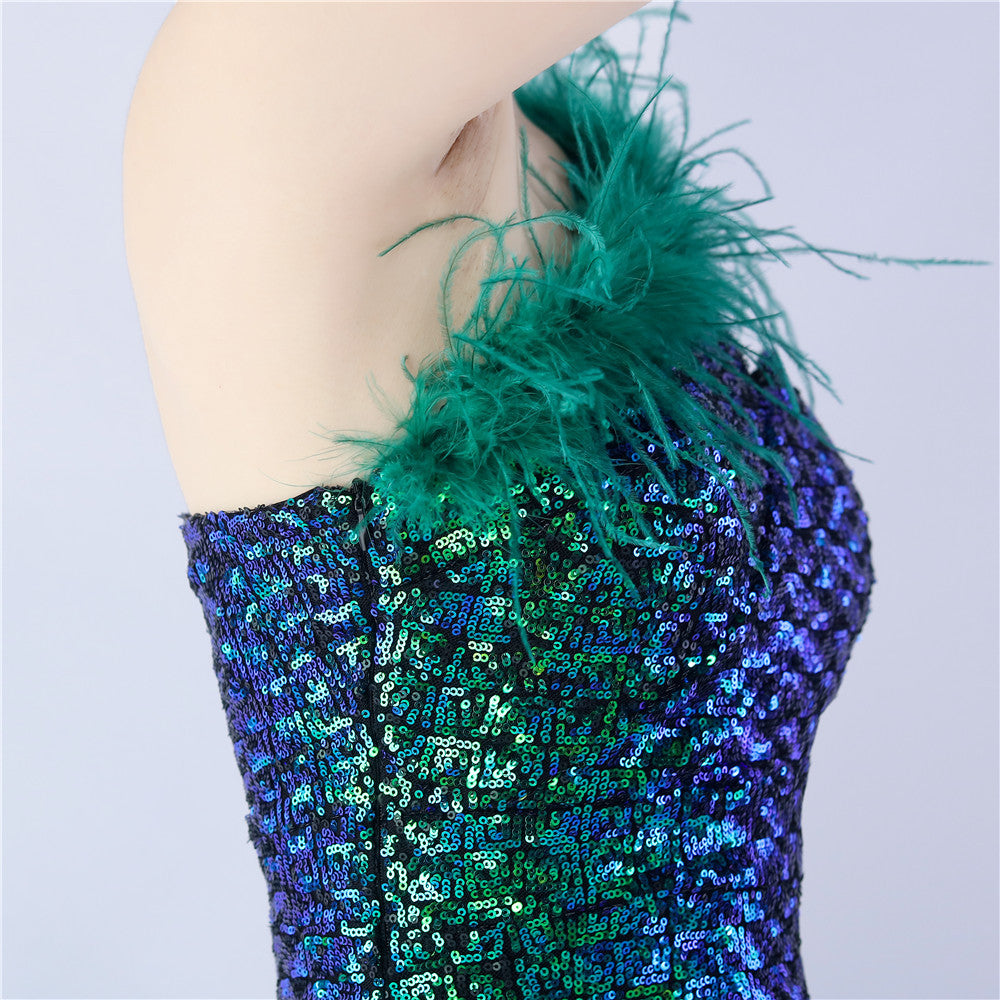 Ostrich Fur One-Shoulder Slant Neck Beaded Maxi Formal Dress