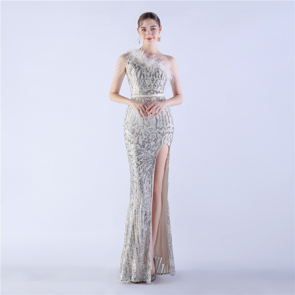 Fur Slant Neck One Shoulder Formal Dress