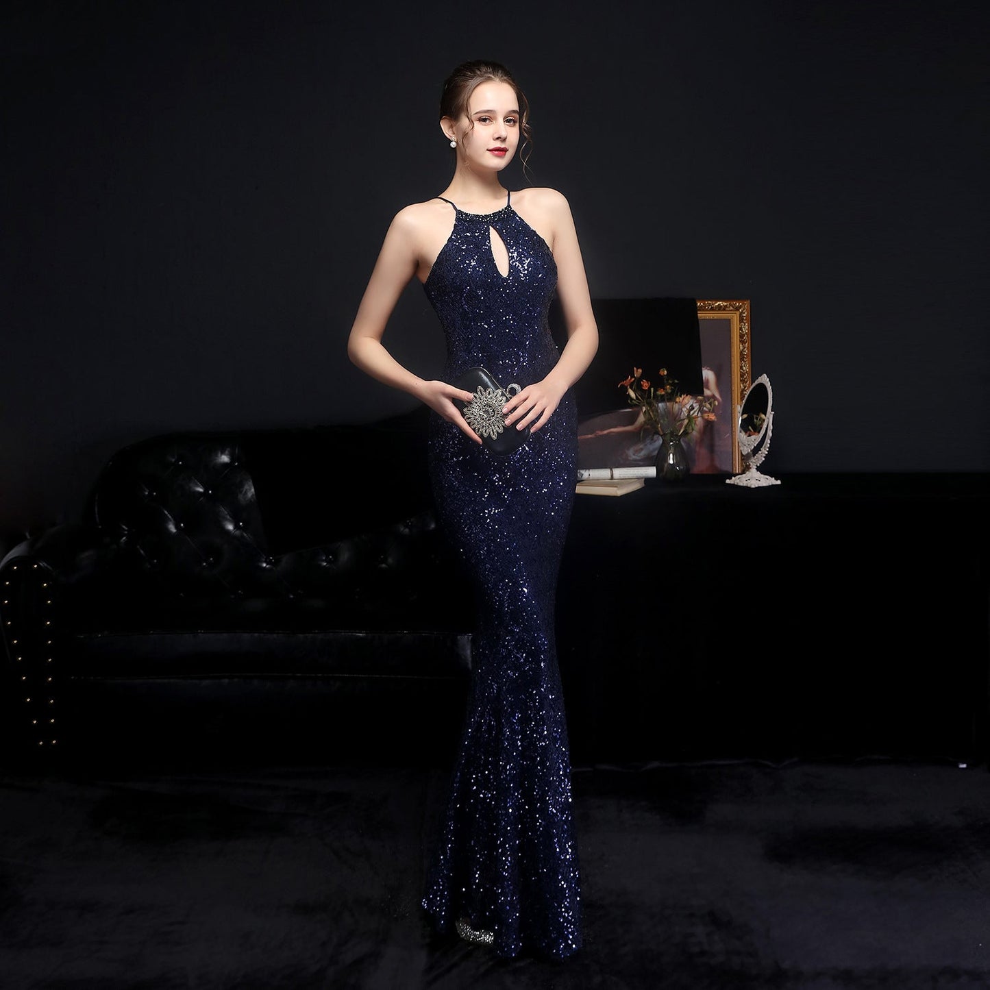 Long Neck Stapled Formal Dresses