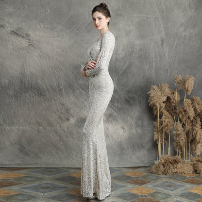 Sleeve Sequin Formal Dress