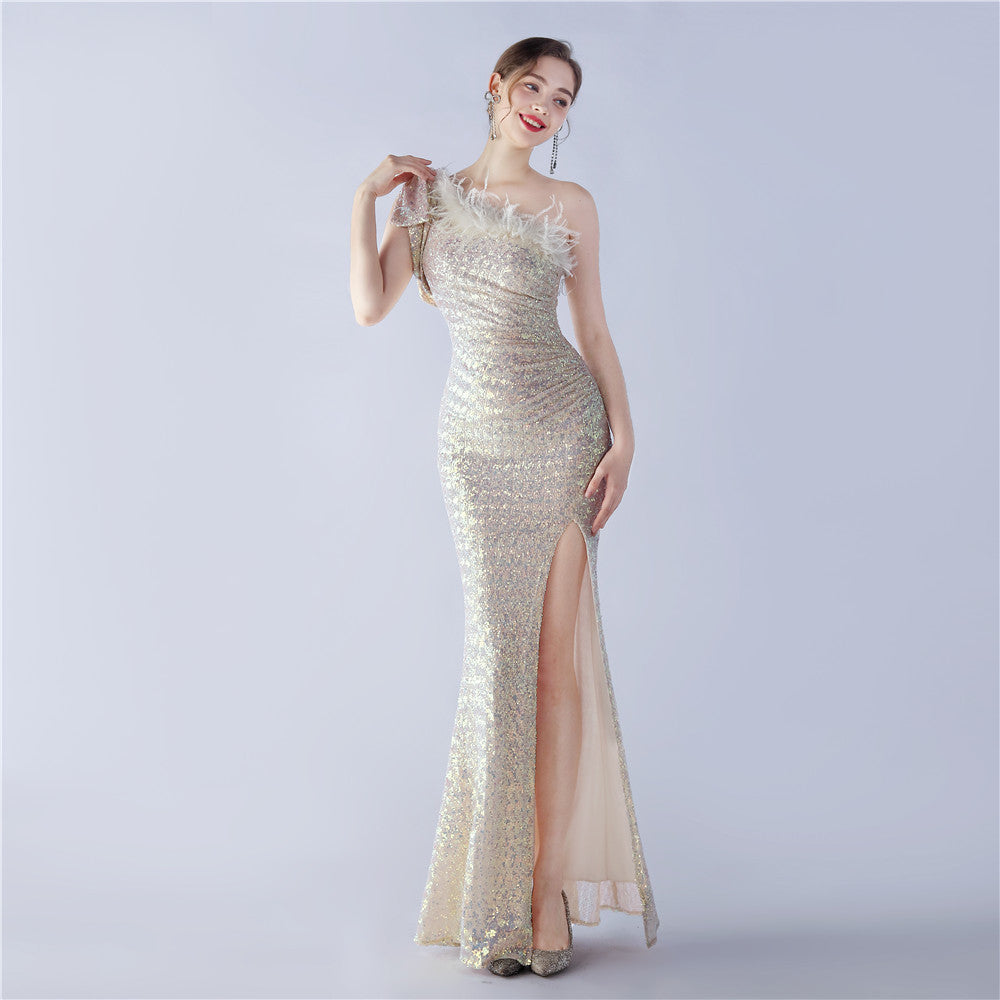 Fur Sequin One Shoulder Formal Dress