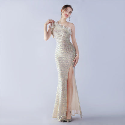 Fur Sequin One Shoulder Formal Dress