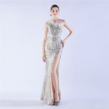 Fur Slant Neck One Shoulder Formal Dress