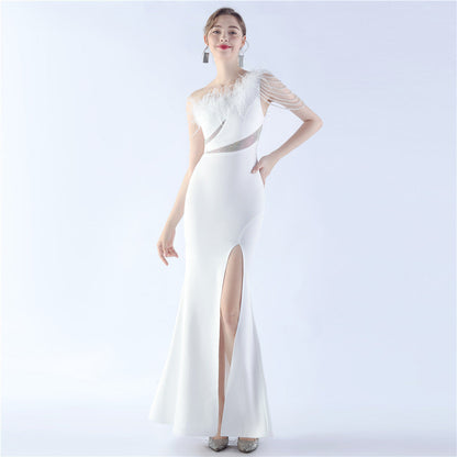 Fur Slant Neck One Shoulder Formal Dress