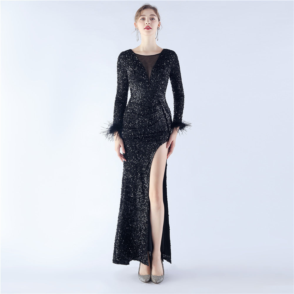 Ostrich Fur Long Sleeve Formal Dress