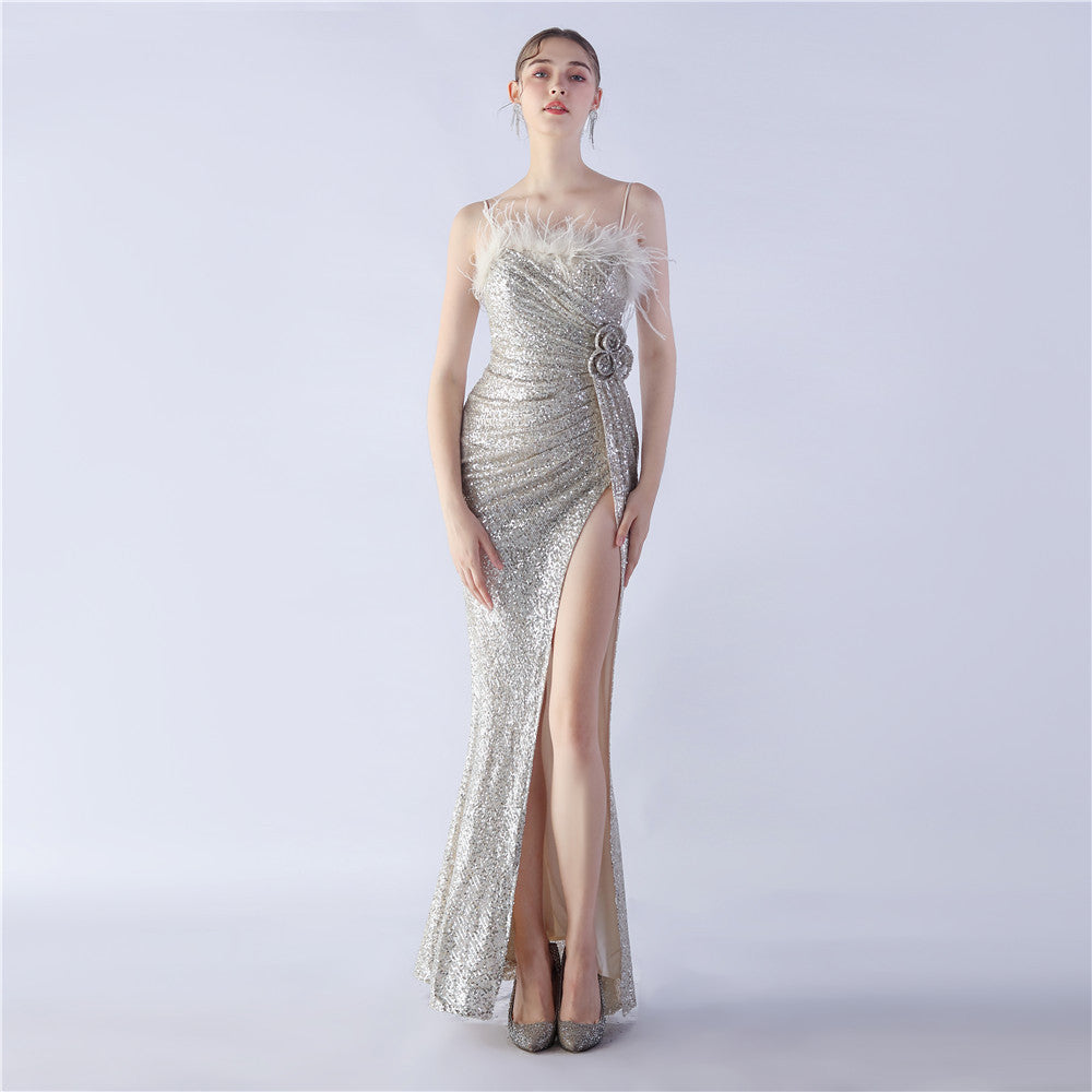 Fur Crafted Flower Formal Dress
