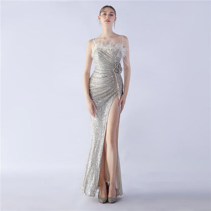 Fur Crafted Flower Formal Dress