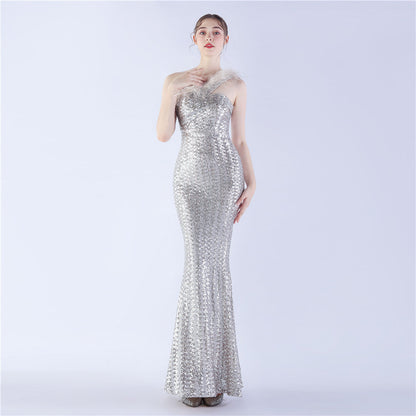 Ostrich Fur One-Shoulder Slant Neck Beaded Maxi Formal Dress