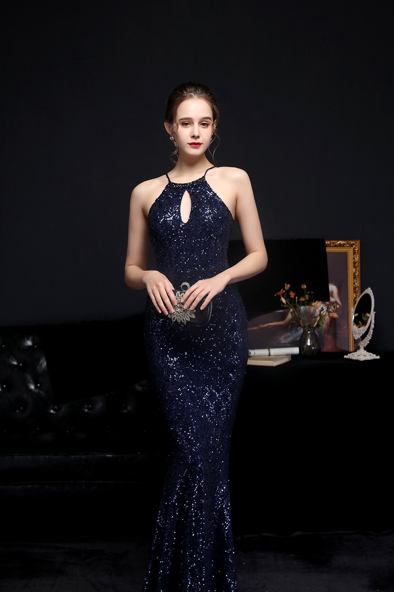 Long Neck Stapled Formal Dresses