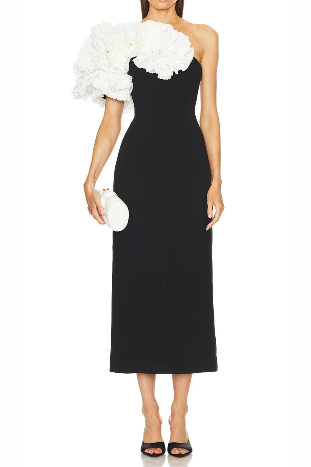 white flower embellished strapless black  midi dress