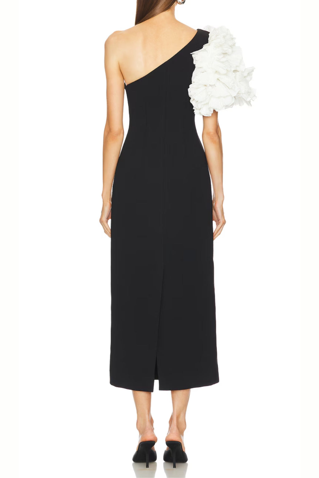 white flower embellished strapless black  midi dress