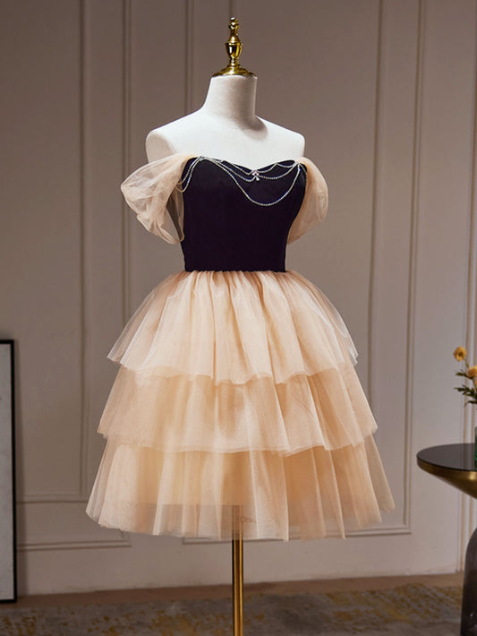 A-Line Tulle Champagne mini Prom Dress
