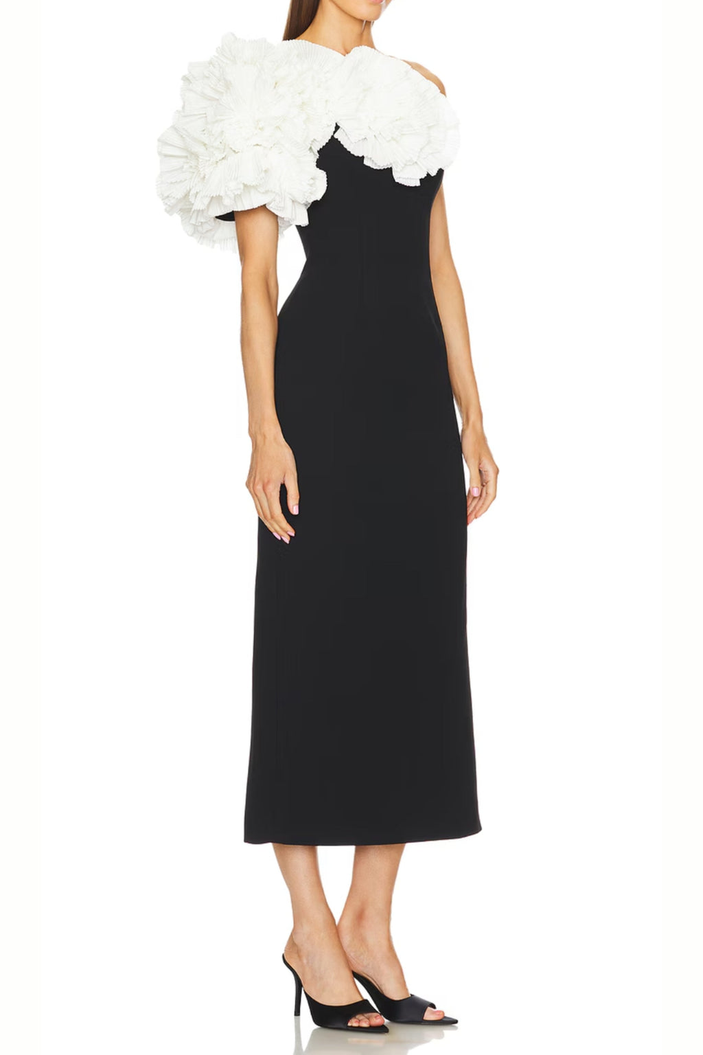 white flower embellished strapless black  midi dress