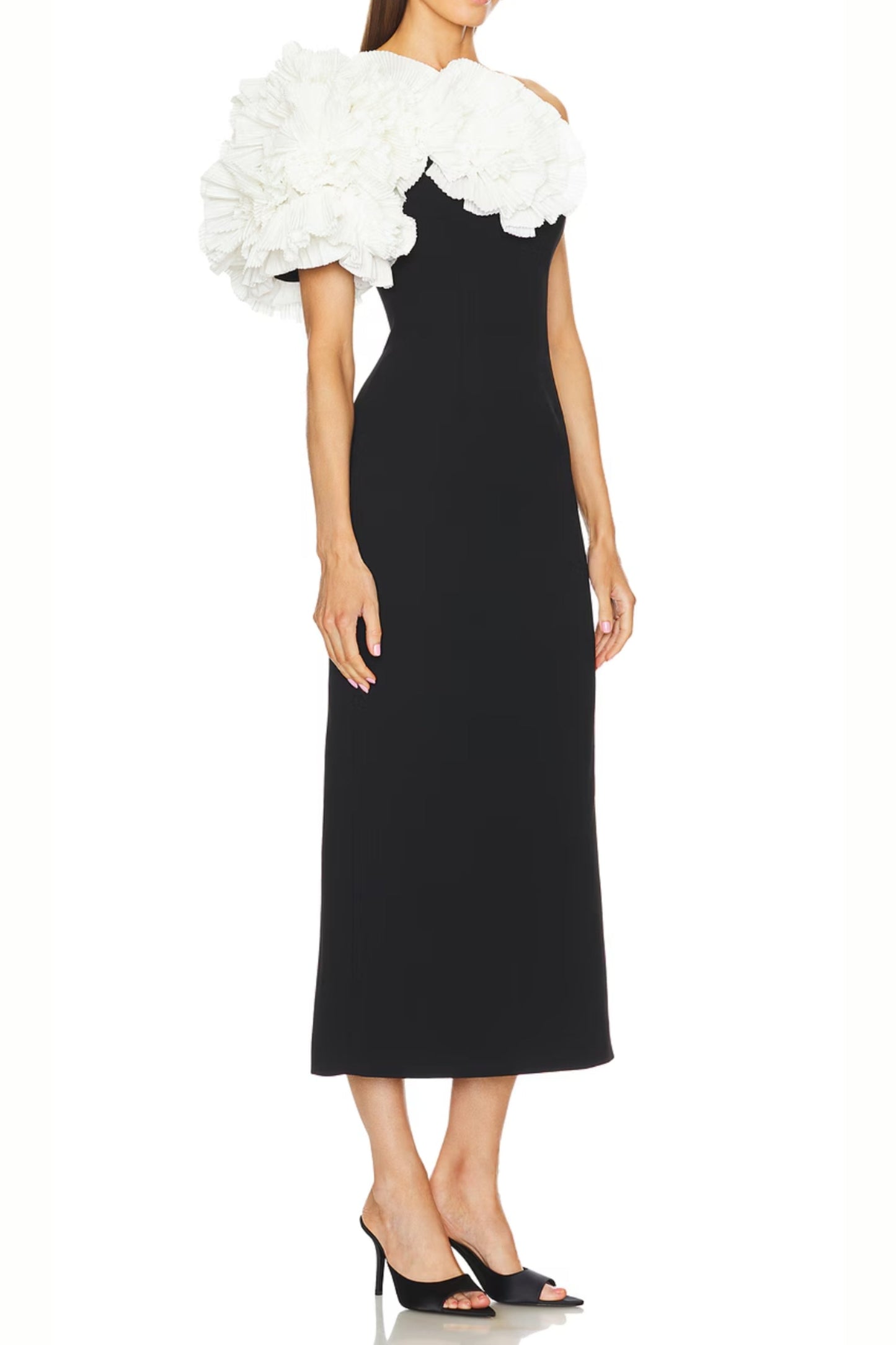 white flower embellished strapless black  midi dress