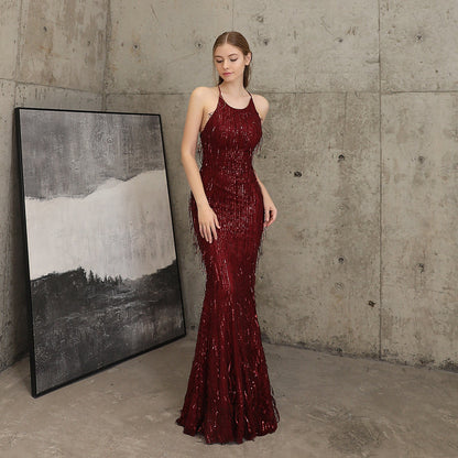 Silk Thread Fringe Beaded Formal Dresses