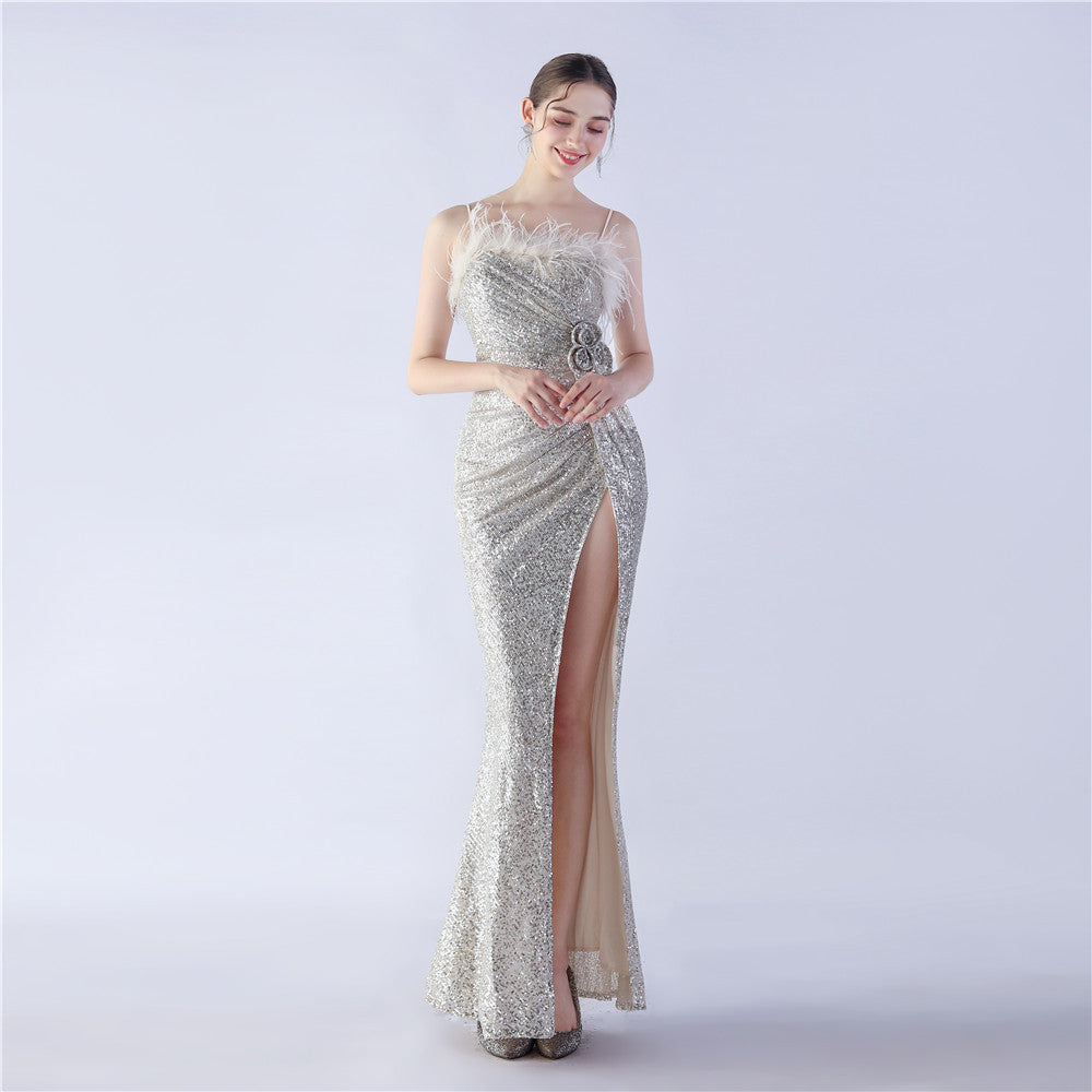 Fur Crafted Flower Formal Dress