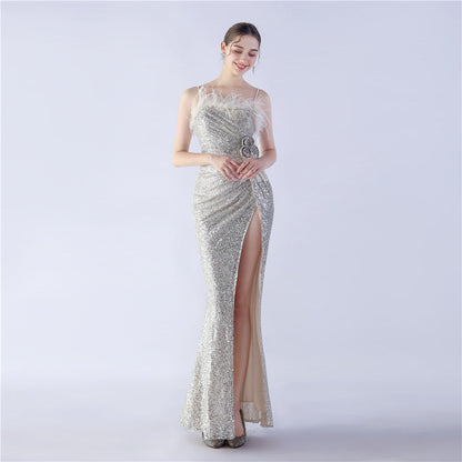 Fur Crafted Flower Formal Dress