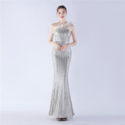 Ostrich Fur One-Shoulder Slant Neck Beaded Maxi Formal Dress