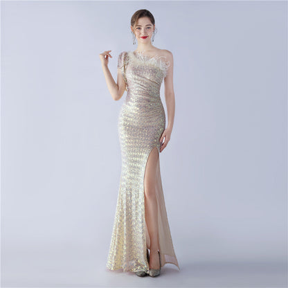 Fur Sequin One Shoulder Formal Dress