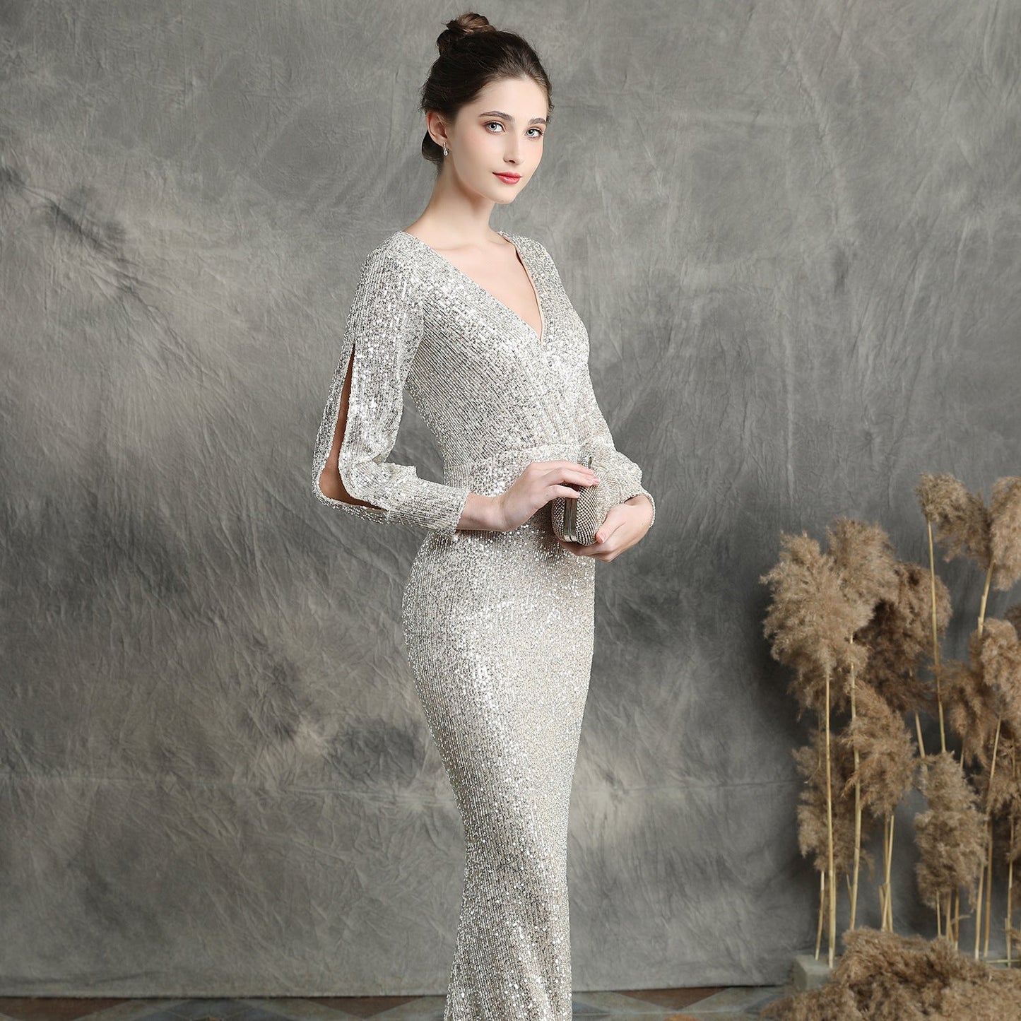 Sleeve Sequin Formal Dress