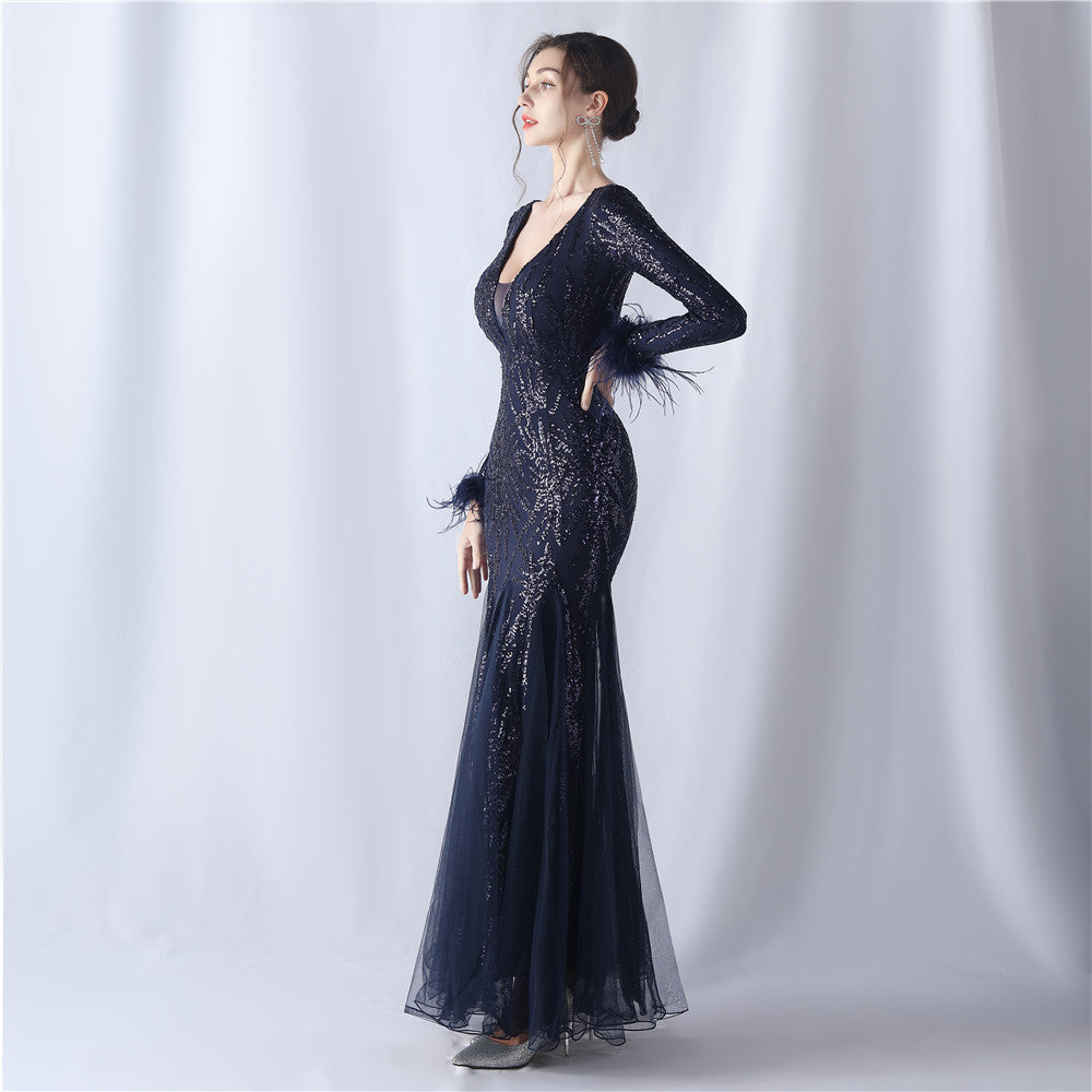 Ostrich Fur Mesh Beaded Formal Dresses