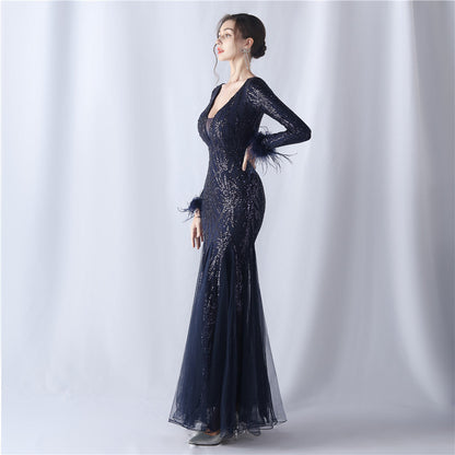 Ostrich Fur Mesh Beaded Formal Dresses