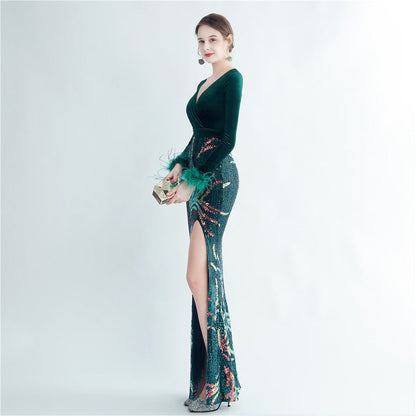 Ostrich Beaded Velvet Side Split Formal Dress